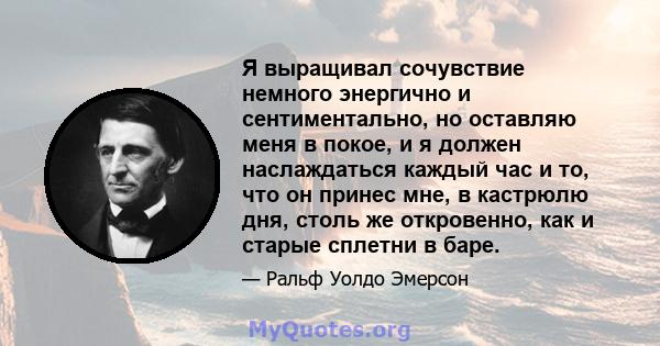 Я выращивал сочувствие немного энергично и сентиментально, но оставляю меня в покое, и я должен наслаждаться каждый час и то, что он принес мне, в кастрюлю дня, столь же откровенно, как и старые сплетни в баре.