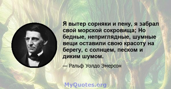 Я вытер сорняки и пену, я забрал свой морской сокровища; Но бедные, неприглядные, шумные вещи оставили свою красоту на берегу, с солнцем, песком и диким шумом.