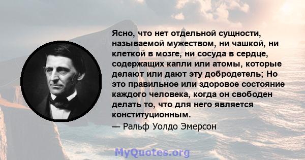 Ясно, что нет отдельной сущности, называемой мужеством, ни чашкой, ни клеткой в ​​мозге, ни сосуда в сердце, содержащих капли или атомы, которые делают или дают эту добродетель; Но это правильное или здоровое состояние