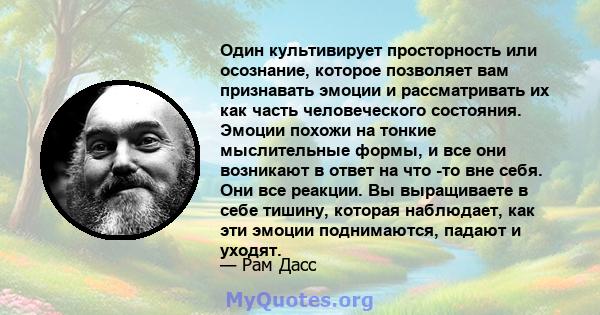 Один культивирует просторность или осознание, которое позволяет вам признавать эмоции и рассматривать их как часть человеческого состояния. Эмоции похожи на тонкие мыслительные формы, и все они возникают в ответ на что