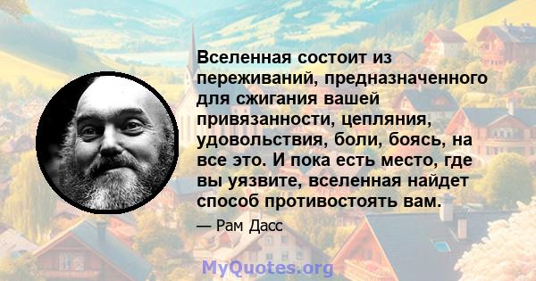 Вселенная состоит из переживаний, предназначенного для сжигания вашей привязанности, цепляния, удовольствия, боли, боясь, на все это. И пока есть место, где вы уязвите, вселенная найдет способ противостоять вам.