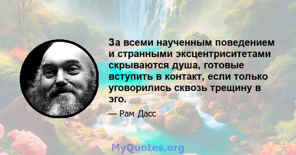 За всеми наученным поведением и странными эксцентриситетами скрываются душа, готовые вступить в контакт, если только уговорились сквозь трещину в эго.