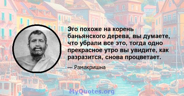 Эго похоже на корень баньянского дерева, вы думаете, что убрали все это, тогда одно прекрасное утро вы увидите, как разразится, снова процветает.