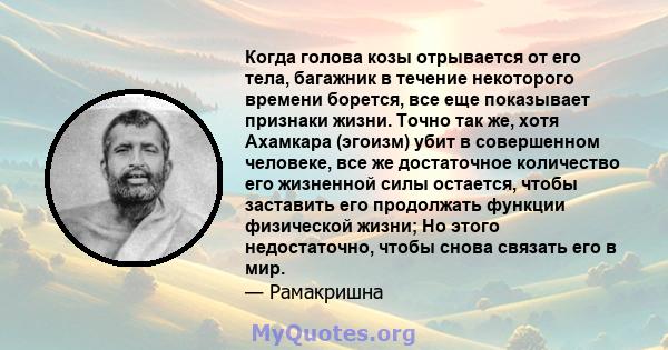 Когда голова козы отрывается от его тела, багажник в течение некоторого времени борется, все еще показывает признаки жизни. Точно так же, хотя Ахамкара (эгоизм) убит в совершенном человеке, все же достаточное количество 