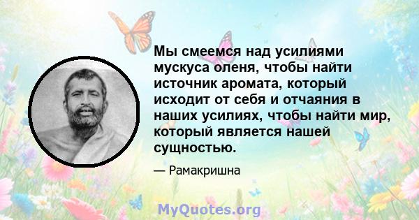 Мы смеемся над усилиями мускуса оленя, чтобы найти источник аромата, который исходит от себя и отчаяния в наших усилиях, чтобы найти мир, который является нашей сущностью.