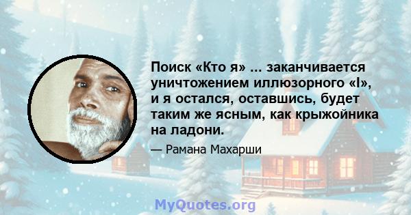 Поиск «Кто я» ... заканчивается уничтожением иллюзорного «I», и я остался, оставшись, будет таким же ясным, как крыжойника на ладони.