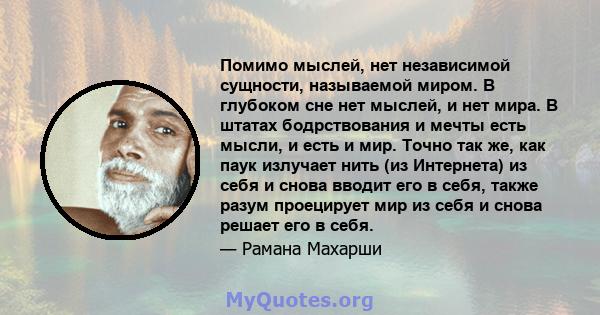 Помимо мыслей, нет независимой сущности, называемой миром. В глубоком сне нет мыслей, и нет мира. В штатах бодрствования и мечты есть мысли, и есть и мир. Точно так же, как паук излучает нить (из Интернета) из себя и