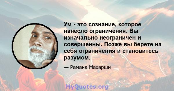 Ум - это сознание, которое нанесло ограничения. Вы изначально неограничен и совершенны. Позже вы берете на себя ограничения и становитесь разумом.