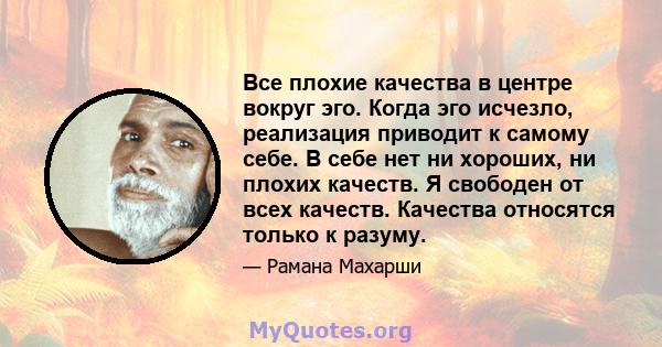 Все плохие качества в центре вокруг эго. Когда эго исчезло, реализация приводит к самому себе. В себе нет ни хороших, ни плохих качеств. Я свободен от всех качеств. Качества относятся только к разуму.