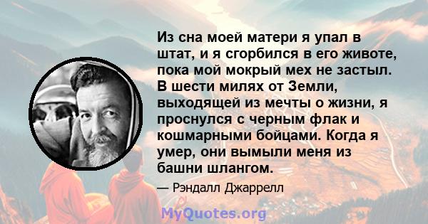 Из сна моей матери я упал в штат, и я сгорбился в его животе, пока мой мокрый мех не застыл. В шести милях от Земли, выходящей из мечты о жизни, я проснулся с черным флак и кошмарными бойцами. Когда я умер, они вымыли