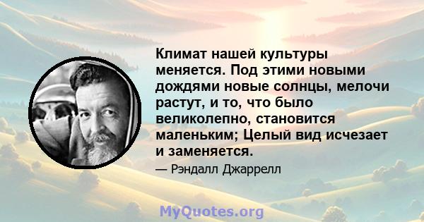 Климат нашей культуры меняется. Под этими новыми дождями новые солнцы, мелочи растут, и то, что было великолепно, становится маленьким; Целый вид исчезает и заменяется.