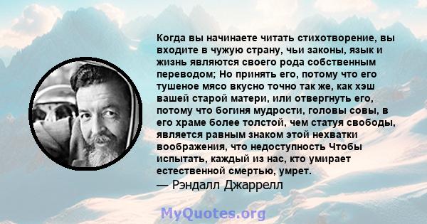 Когда вы начинаете читать стихотворение, вы входите в чужую страну, чьи законы, язык и жизнь являются своего рода собственным переводом; Но принять его, потому что его тушеное мясо вкусно точно так же, как хэш вашей