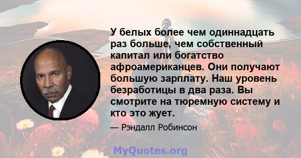 У белых более чем одиннадцать раз больше, чем собственный капитал или богатство афроамериканцев. Они получают большую зарплату. Наш уровень безработицы в два раза. Вы смотрите на тюремную систему и кто это жует.