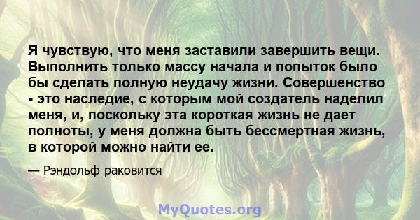 Я чувствую, что меня заставили завершить вещи. Выполнить только массу начала и попыток было бы сделать полную неудачу жизни. Совершенство - это наследие, с которым мой создатель наделил меня, и, поскольку эта короткая