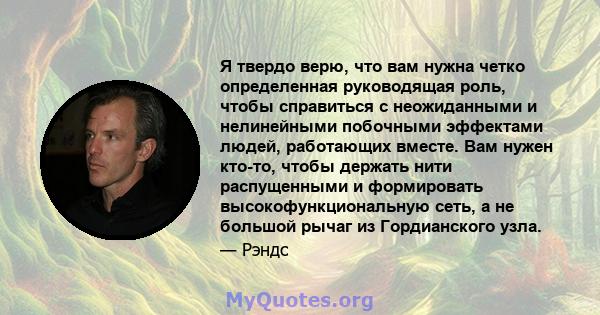 Я твердо верю, что вам нужна четко определенная руководящая роль, чтобы справиться с неожиданными и нелинейными побочными эффектами людей, работающих вместе. Вам нужен кто-то, чтобы держать нити распущенными и