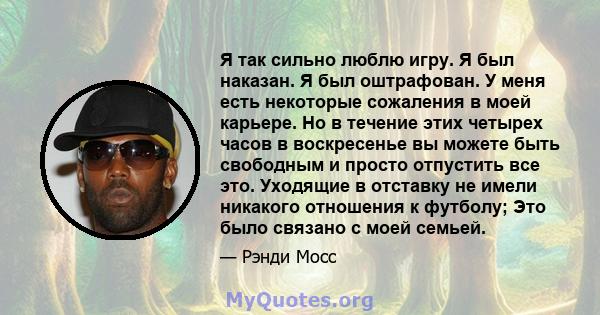 Я так сильно люблю игру. Я был наказан. Я был оштрафован. У меня есть некоторые сожаления в моей карьере. Но в течение этих четырех часов в воскресенье вы можете быть свободным и просто отпустить все это. Уходящие в