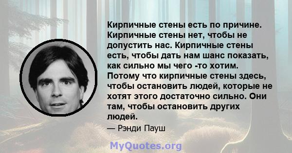 Кирпичные стены есть по причине. Кирпичные стены нет, чтобы не допустить нас. Кирпичные стены есть, чтобы дать нам шанс показать, как сильно мы чего -то хотим. Потому что кирпичные стены здесь, чтобы остановить людей,