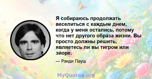 Я собираюсь продолжать веселиться с каждым днем, когда у меня остались, потому что нет другого образа жизни. Вы просто должны решить, являетесь ли вы тигром или эйоре.