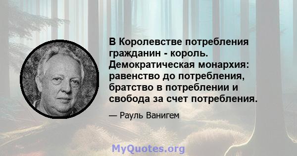 В Королевстве потребления гражданин - король. Демократическая монархия: равенство до потребления, братство в потреблении и свобода за счет потребления.