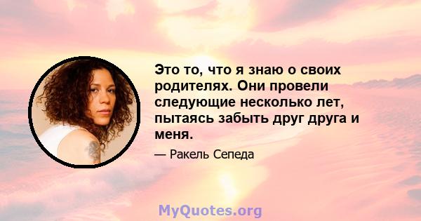 Это то, что я знаю о своих родителях. Они провели следующие несколько лет, пытаясь забыть друг друга и меня.