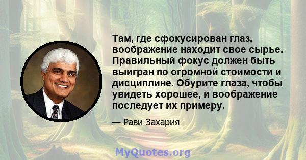 Там, где сфокусирован глаз, воображение находит свое сырье. Правильный фокус должен быть выигран по огромной стоимости и дисциплине. Обурите глаза, чтобы увидеть хорошее, и воображение последует их примеру.