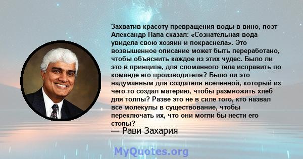 Захватив красоту превращения воды в вино, поэт Александр Папа сказал: «Сознательная вода увидела свою хозяин и покраснела». Это возвышенное описание может быть переработано, чтобы объяснить каждое из этих чудес. Было ли 