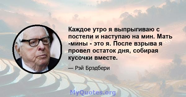 Каждое утро я выпрыгиваю с постели и наступаю на мин. Мать -мины - это я. После взрыва я провел остаток дня, собирая кусочки вместе.