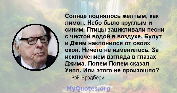 Солнце поднялось желтым, как лимон. Небо было круглым и синим. Птицы зацикливали песни с чистой водой в воздухе. Будут и Джим наклонился от своих окон. Ничего не изменилось. За исключением взгляда в глазах Джима. Полем