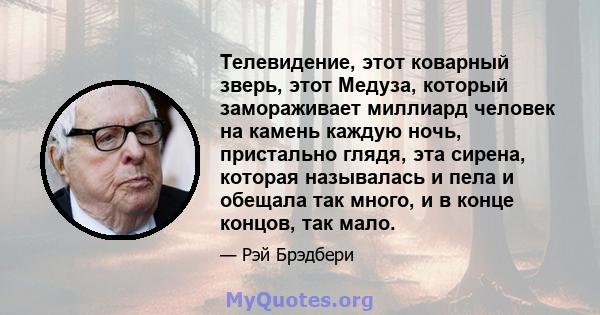 Телевидение, этот коварный зверь, этот Медуза, который замораживает миллиард человек на камень каждую ночь, пристально глядя, эта сирена, которая называлась и пела и обещала так много, и в конце концов, так мало.