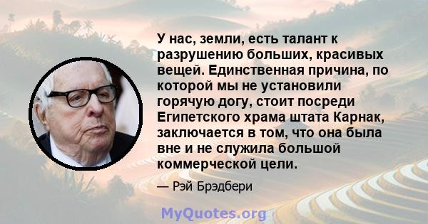 У нас, земли, есть талант к разрушению больших, красивых вещей. Единственная причина, по которой мы не установили горячую догу, стоит посреди Египетского храма штата Карнак, заключается в том, что она была вне и не