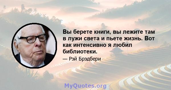 Вы берете книги, вы лежите там в лужи света и пьете жизнь. Вот как интенсивно я любил библиотеки.