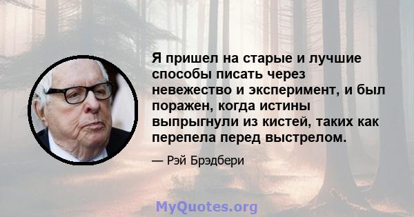 Я пришел на старые и лучшие способы писать через невежество и эксперимент, и был поражен, когда истины выпрыгнули из кистей, таких как перепела перед выстрелом.