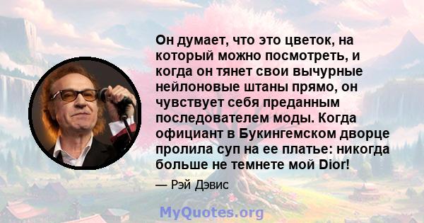 Он думает, что это цветок, на который можно посмотреть, и когда он тянет свои вычурные нейлоновые штаны прямо, он чувствует себя преданным последователем моды. Когда официант в Букингемском дворце пролила суп на ее