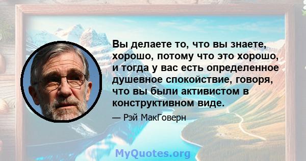 Вы делаете то, что вы знаете, хорошо, потому что это хорошо, и тогда у вас есть определенное душевное спокойствие, говоря, что вы были активистом в конструктивном виде.