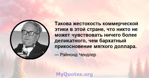 Такова жестокость коммерческой этики в этой стране, что никто не может чувствовать ничего более деликатного, чем бархатный прикосновение мягкого доллара.