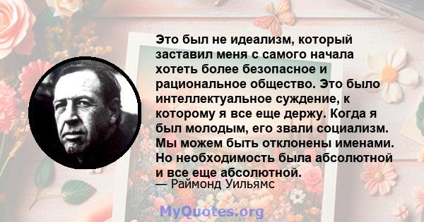 Это был не идеализм, который заставил меня с самого начала хотеть более безопасное и рациональное общество. Это было интеллектуальное суждение, к которому я все еще держу. Когда я был молодым, его звали социализм. Мы