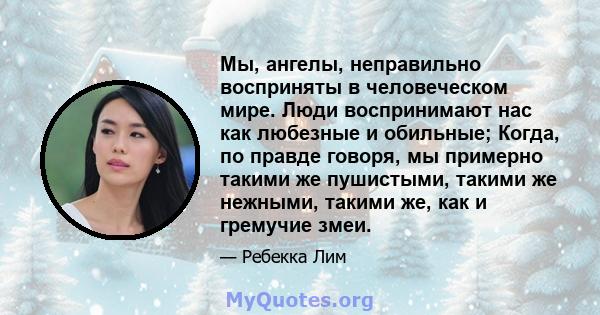 Мы, ангелы, неправильно восприняты в человеческом мире. Люди воспринимают нас как любезные и обильные; Когда, по правде говоря, мы примерно такими же пушистыми, такими же нежными, такими же, как и гремучие змеи.