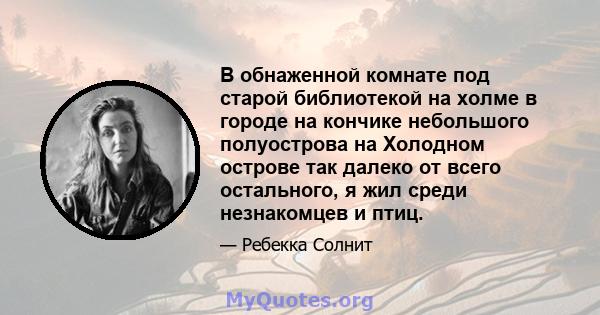 В обнаженной комнате под старой библиотекой на холме в городе на кончике небольшого полуострова на Холодном острове так далеко от всего остального, я жил среди незнакомцев и птиц.