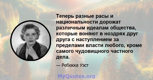 Теперь разные расы и национальности дорожат различным идеалам общества, которые воняют в ноздрях друг друга с наступлением за пределами власти любого, кроме самого чудовищного частного дела.