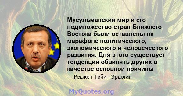 Мусульманский мир и его подмножество стран Ближнего Востока были оставлены на марафоне политического, экономического и человеческого развития. Для этого существует тенденция обвинять других в качестве основной причины