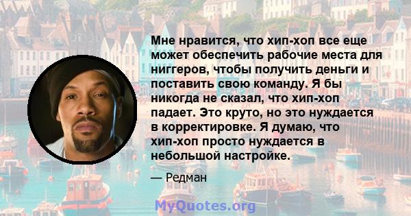 Мне нравится, что хип-хоп все еще может обеспечить рабочие места для ниггеров, чтобы получить деньги и поставить свою команду. Я бы никогда не сказал, что хип-хоп падает. Это круто, но это нуждается в корректировке. Я