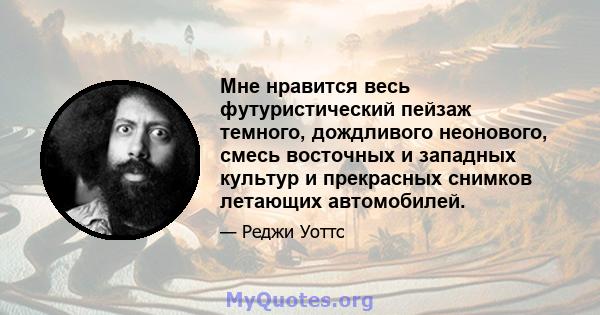 Мне нравится весь футуристический пейзаж темного, дождливого неонового, смесь восточных и западных культур и прекрасных снимков летающих автомобилей.