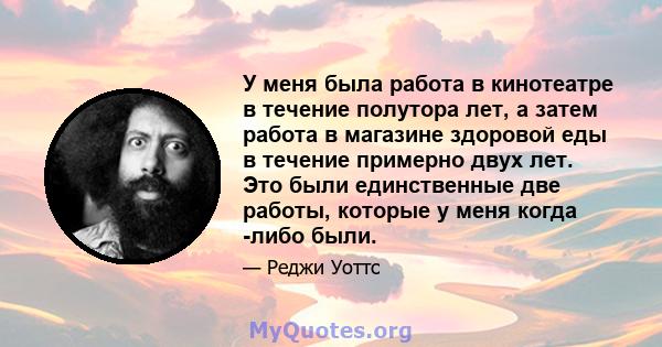 У меня была работа в кинотеатре в течение полутора лет, а затем работа в магазине здоровой еды в течение примерно двух лет. Это были единственные две работы, которые у меня когда -либо были.