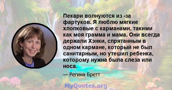 Пекари волнуются из -за фартуков. Я люблю мягкие хлопковые с карманами, такими как моя грамма и мама. Они всегда держали Хэнки, спрятанным в одном кармане, который не был санитарным, но утешил ребенка, которому нужна