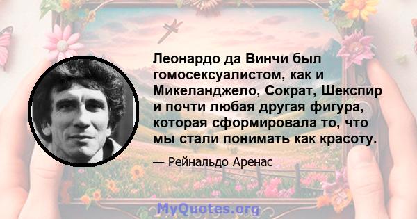 Леонардо да Винчи был гомосексуалистом, как и Микеланджело, Сократ, Шекспир и почти любая другая фигура, которая сформировала то, что мы стали понимать как красоту.