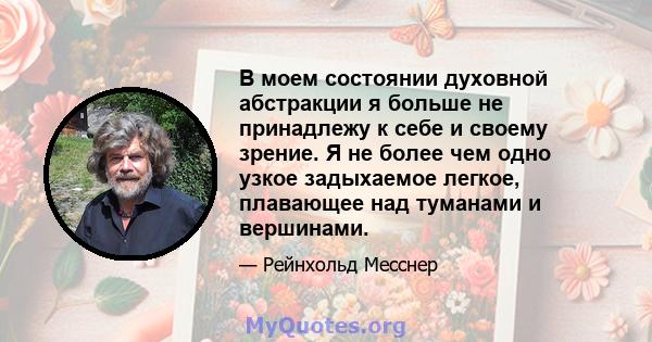 В моем состоянии духовной абстракции я больше не принадлежу к себе и своему зрение. Я не более чем одно узкое задыхаемое легкое, плавающее над туманами и вершинами.