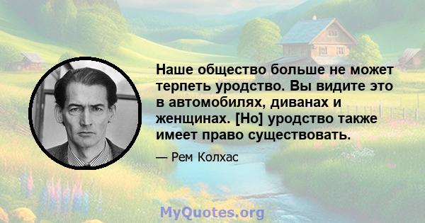 Наше общество больше не может терпеть уродство. Вы видите это в автомобилях, диванах и женщинах. [Но] уродство также имеет право существовать.