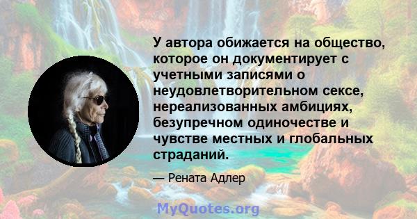 У автора обижается на общество, которое он документирует с учетными записями о неудовлетворительном сексе, нереализованных амбициях, безупречном одиночестве и чувстве местных и глобальных страданий.