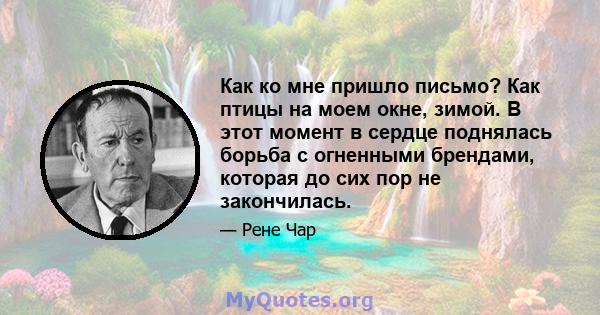 Как ко мне пришло письмо? Как птицы на моем окне, зимой. В этот момент в сердце поднялась борьба с огненными брендами, которая до сих пор не закончилась.