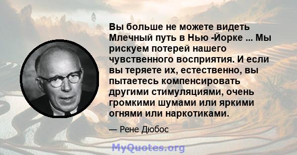 Вы больше не можете видеть Млечный путь в Нью -Йорке ... Мы рискуем потерей нашего чувственного восприятия. И если вы теряете их, естественно, вы пытаетесь компенсировать другими стимуляциями, очень громкими шумами или